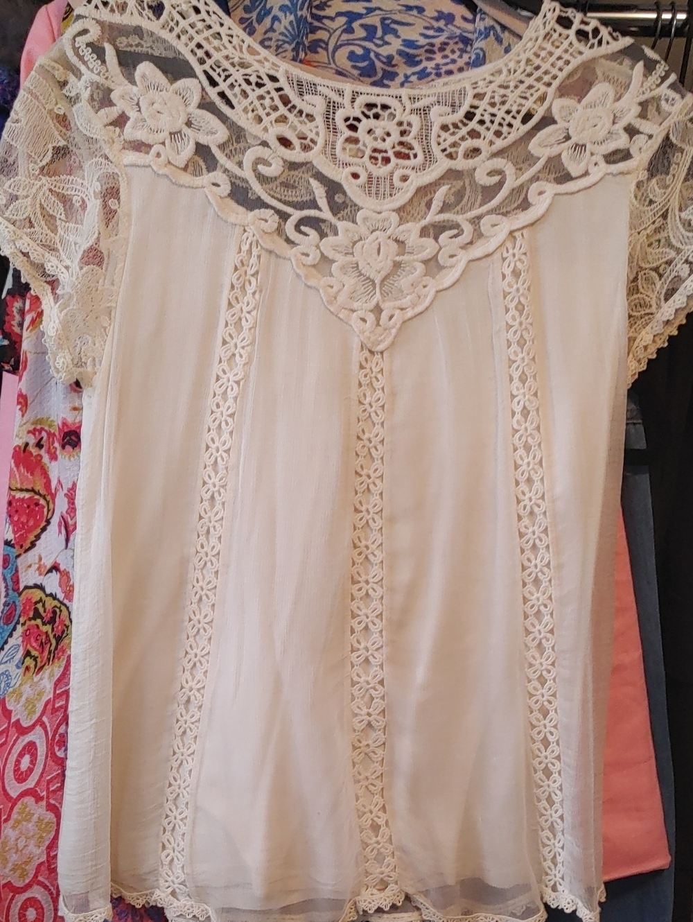 Lace Yoke Ivory Women's Blouse - Elegant Crochet Detail